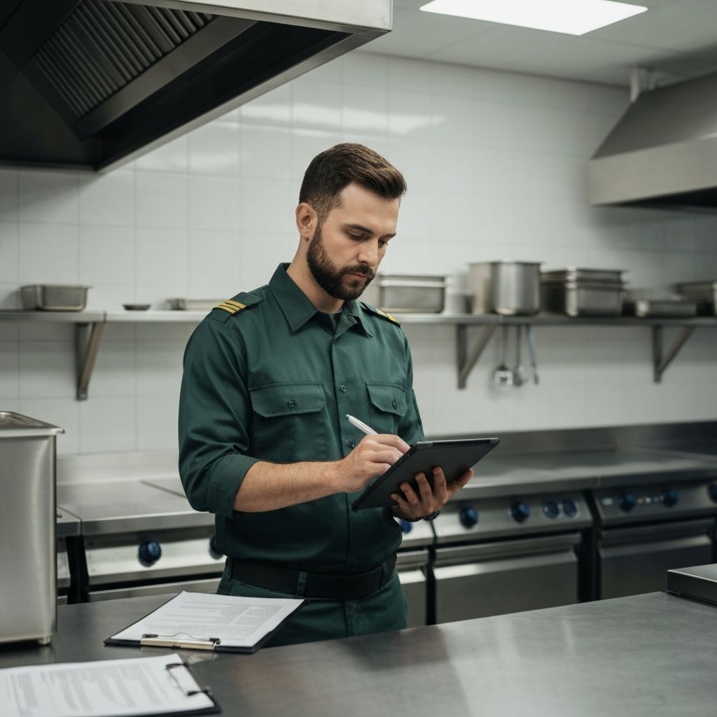 Professional pest control expert inspecting a commercial kitchen