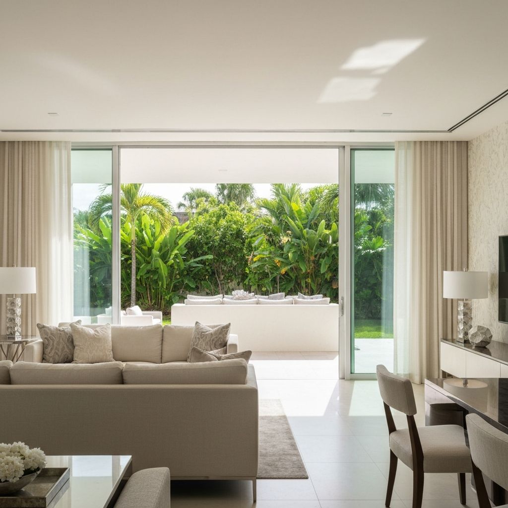 Clean modern living room with tropical views